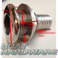 Skin Fitting Stainless Steel 1-1/4" (32mm) through hull outlet with Hose Connection