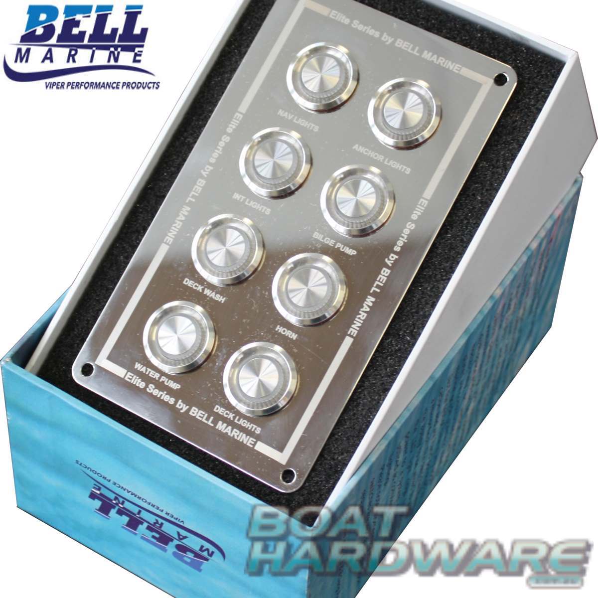 8 Gang Switch Panel Stainless Steel On/Off IP67 Blue LED Bell Marine