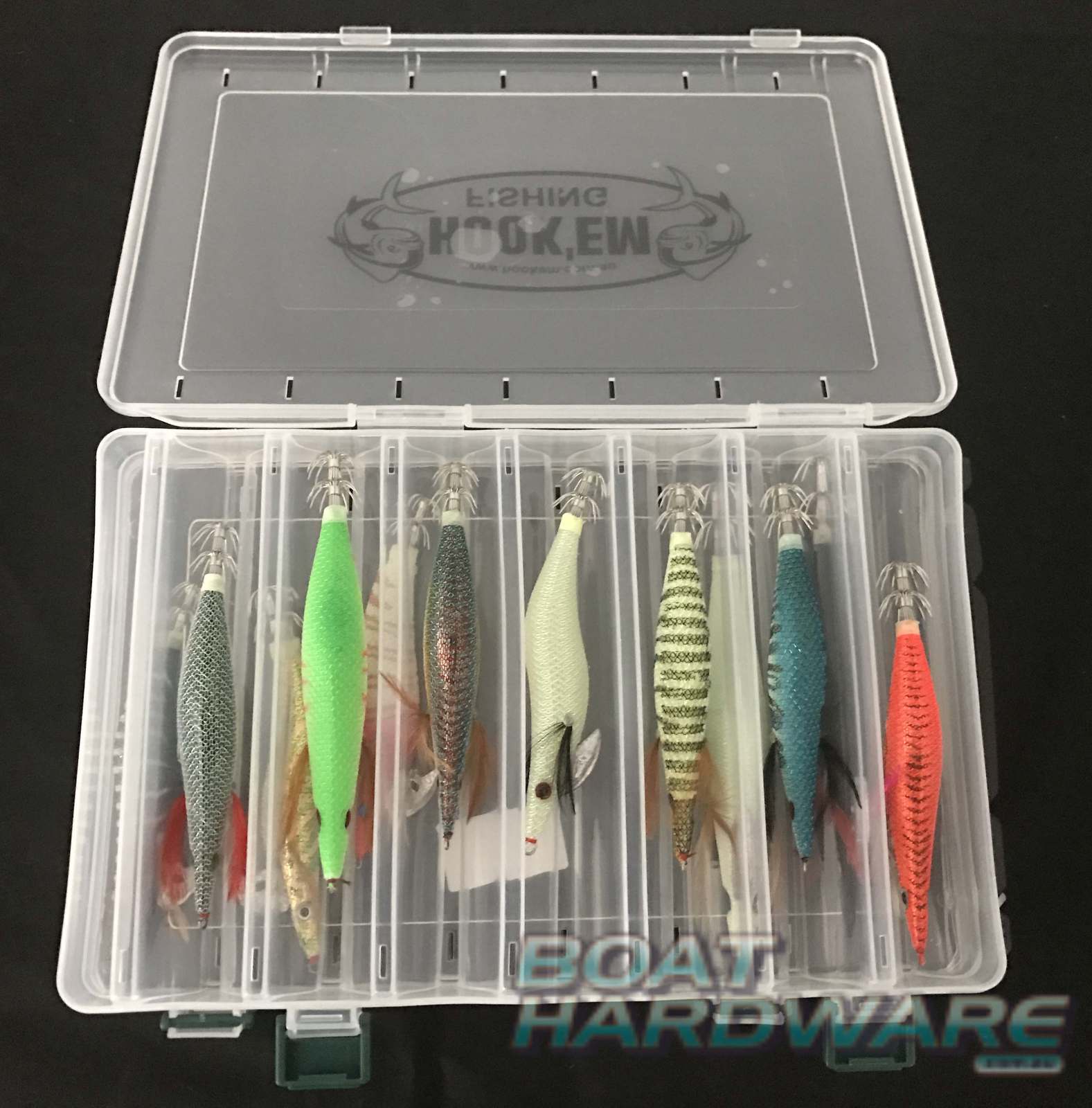 Squid Jig Tackle Box with 12 Assorted Jigs included (Holds 14)