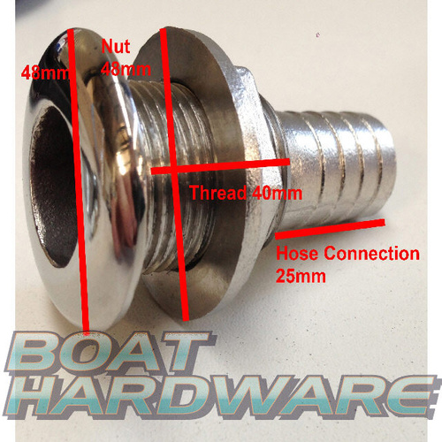 Skin Fitting Stainless Steel 1" (25mm) through hull outlet with Hose Connection