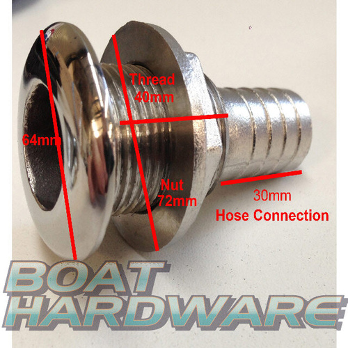 Skin Fitting Stainless Steel 1-1/2" (38mm) through hull outlet with Hose Connection