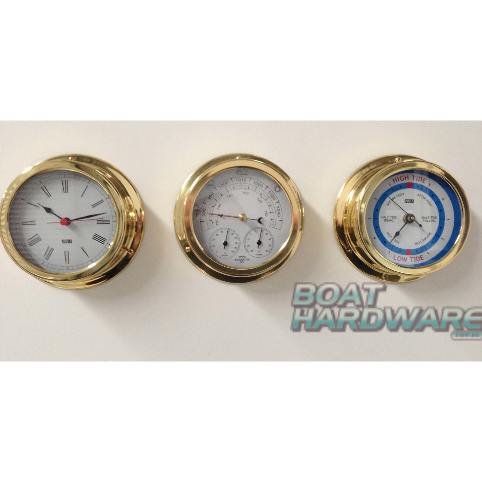 Set of 3 Clock & Weather Station & Tide Clock - Polished Brass
